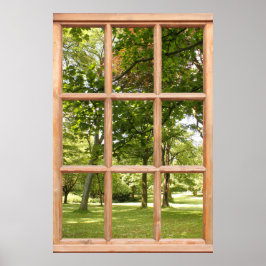 Póster Vista de sol a través de árboles desde una ventana