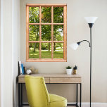 Póster Vista de sol a través de árboles desde una ventana<br><div class="desc">Sunshine and Shade entre los árboles del parque Este poster,  que parece una ventana,  ofrece unas vistas tranquilizantes a un paisaje verde. Los frondosos árboles ofrecen sombra durante el verano y bañan el césped con luz y sombra. Una vista relajante hacia el exterior,  enmarcada por una ventana de madera.</div>