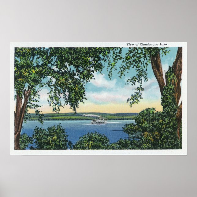 Póster Vista de un barco de vapor en el lago (Frente)