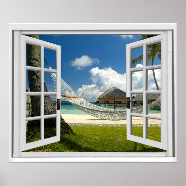 Póster Vista de ventana artificial de Faux Beach Tropical (Frente)