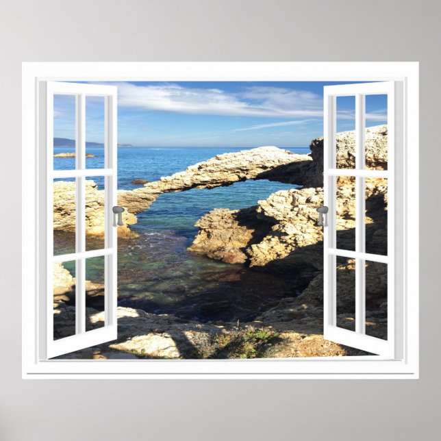 Póster Vista de ventana artificial de la costa mediterrán (Frente)