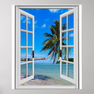 Póster Vista de ventana artificial de palmera y océano