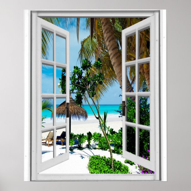 Póster Vista de ventana artificial de playa relajante (Frente)
