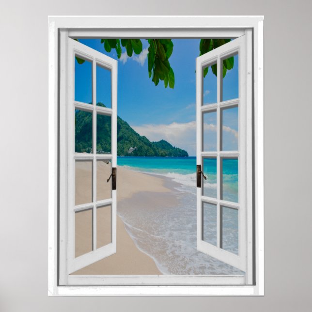 Póster Vista de ventana artificial de playa tropical (Frente)