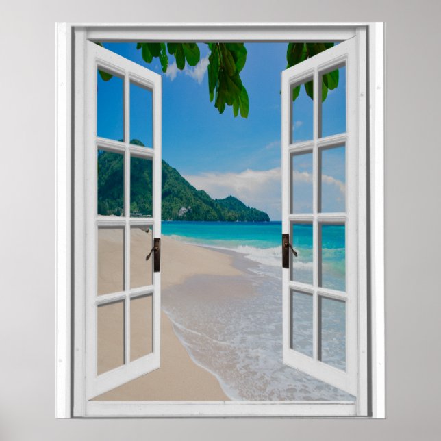 Póster Vista de ventana artificial de playa tropical (Frente)
