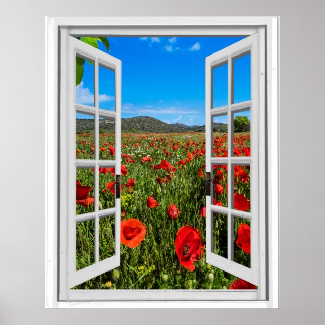 Póster Vista de ventana artificial del campo de la amapol (Frente)