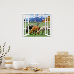 Póster Vista de ventana con montañas y alpaca