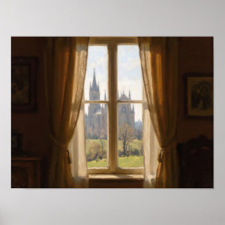 Póster Vista de ventana de catedral Pintura al óleo impre