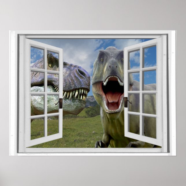 Póster Vista de ventana de Faux de Dinosaurios T-Rex (Frente)