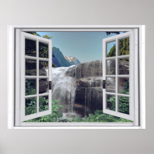 Póster Vista de ventana de Faux de Waterfall Mountain