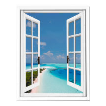Vista de ventana falsa cielo azul tropical mar