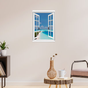 Póster Vista de ventana falsa cielo azul tropical mar