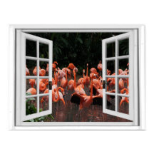 Vista de ventana falsa de flamencos rosados