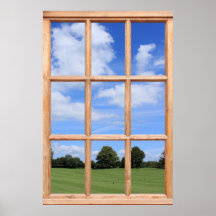 Vista de ventana falsa de hierba verde, árboles y