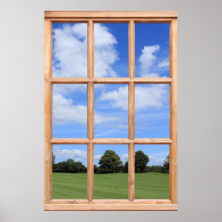 Póster Vista de ventana falsa de hierba verde, árboles y