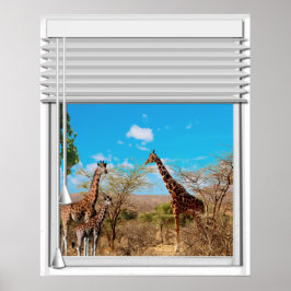Póster Vista de ventana falsa de jirafas