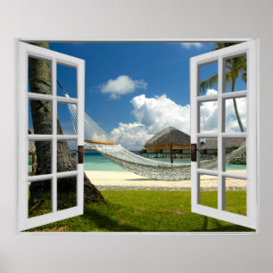 Póster Vista de ventana falsa de playa tropical