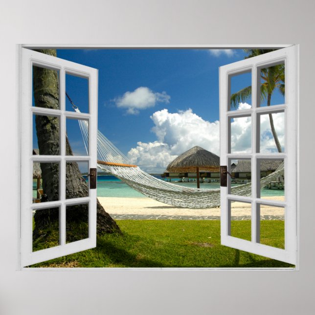 Póster Vista de ventana falsa de playa tropical (Frente)