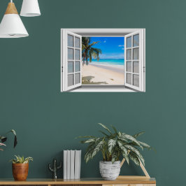Póster Vista de ventana falsa de playa tropical 3D
