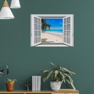 Póster Vista de ventana falsa de playa tropical 3D