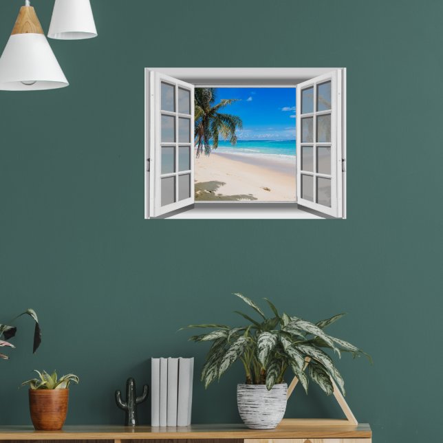Póster Vista de ventana falsa de playa tropical 3D (Salón 1)