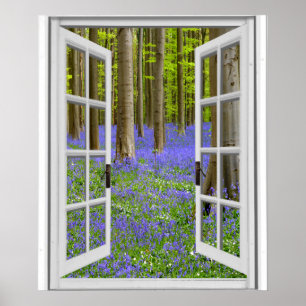 Póster Vista de ventana falsa Escena boscosa de campanill