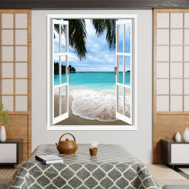 Póster Vista de ventana tropical 3D de mar y playa