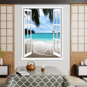 Póster Vista de ventana tropical 3D de mar y playa