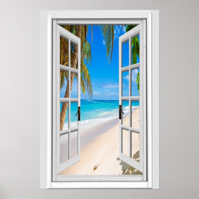 Póster Vista de ventana vertical personalizada de playa y (Frente)