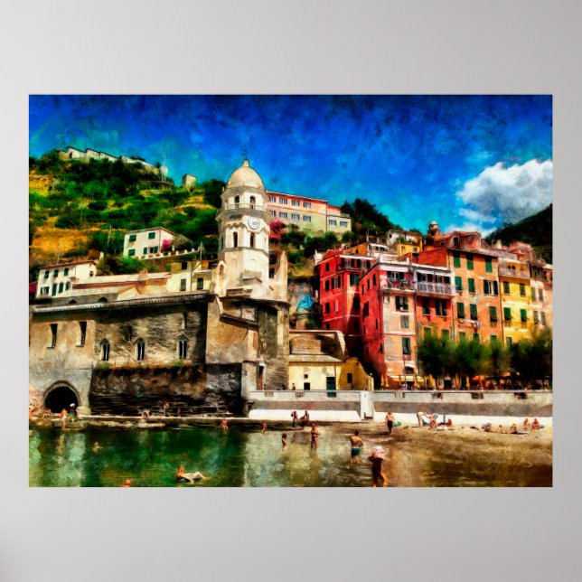 Póster Vista de Vernazza, Italia. Cono de pintura acuarel (Frente)