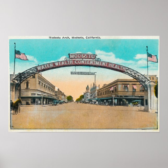 Póster Vista del arco de bienvenida modesto, CA (Frente)