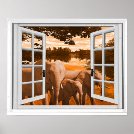 Póster Vista del atardecer de elefantes Trompe l'oeil Ven