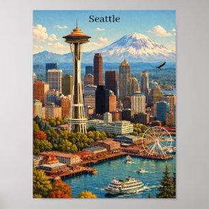 Póster Vista del horizonte de Seattle Washington de viaje