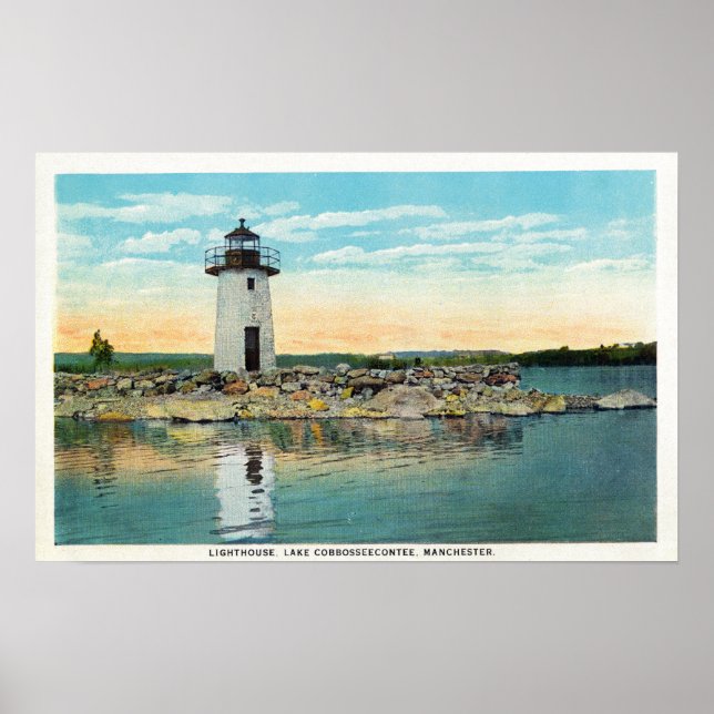 Póster Vista del lago Cobbosseecontee y el faro (Frente)