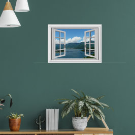 Póster Vista del lago de montaña Trompe l'oeil Ventana fa