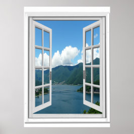 Póster Vista del lago de montaña Trompe l'oeil Ventana fa