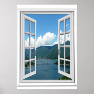 Póster Vista del lago de montaña Trompe l'oeil Ventana fa