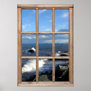 Póster Vista del mar desde una ventana con olas que rompe