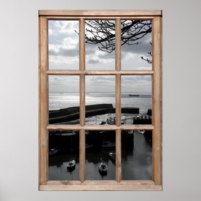 Póster Vista del mar plateado desde una ventana (Frente)