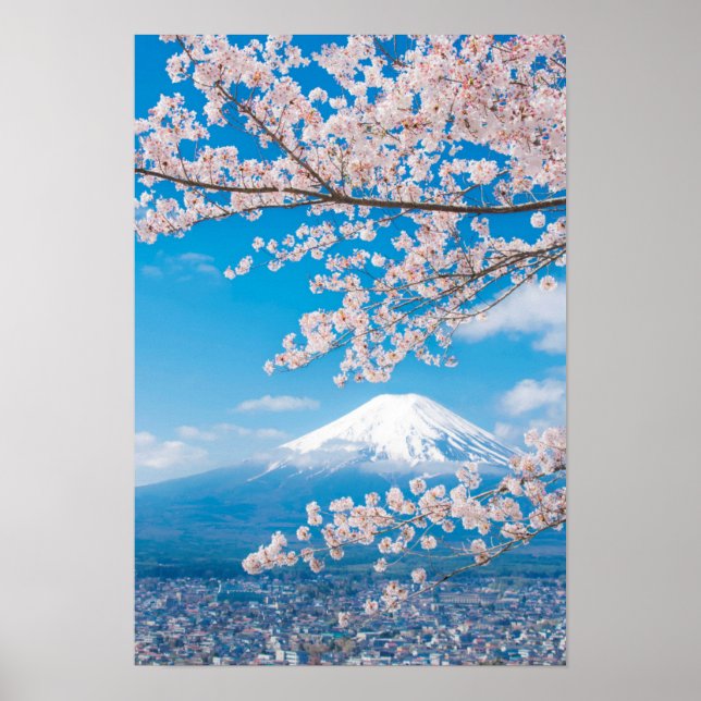 Póster Vista del Monte Fuji con flores de cerezo (Frente)