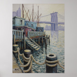 Póster Vista del puente de Brooklyn desde el muelle del p