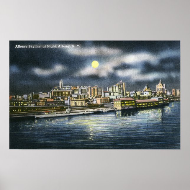 Póster Vista del Skyline de Albany por la noche (Frente)