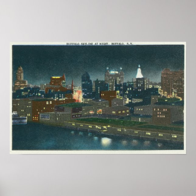Póster Vista del Skyline de Buffalo de noche (Frente)