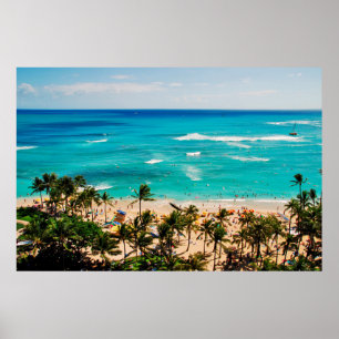 Póster Vista elevada de la escena de la playa de Waikiki,