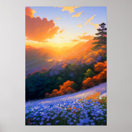 Póster Vista en la cima de una colina de un valle lleno d