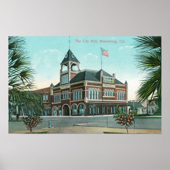 Póster Vista exterior del ayuntamiento de Healdsburg, CA (Frente)