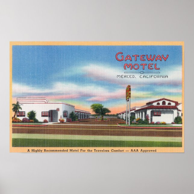 Póster Vista exterior del Motel Gateway Merced, CA (Frente)