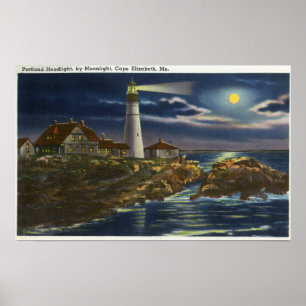 Póster Vista iluminada por la luna del faro principal de