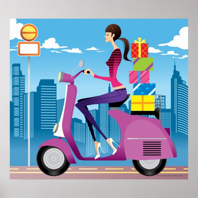 Póster Vista lateral de la mujer con regalos en moto (Frente)