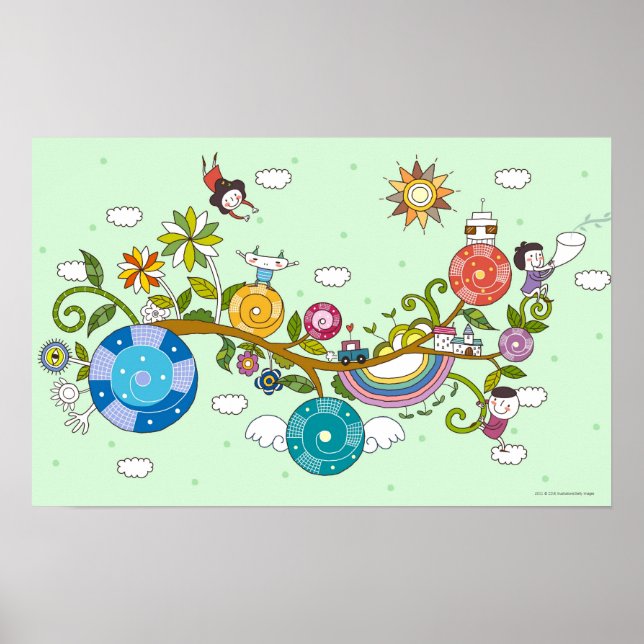 Póster Vista lateral de niños jugando en rama de árbol (Frente)